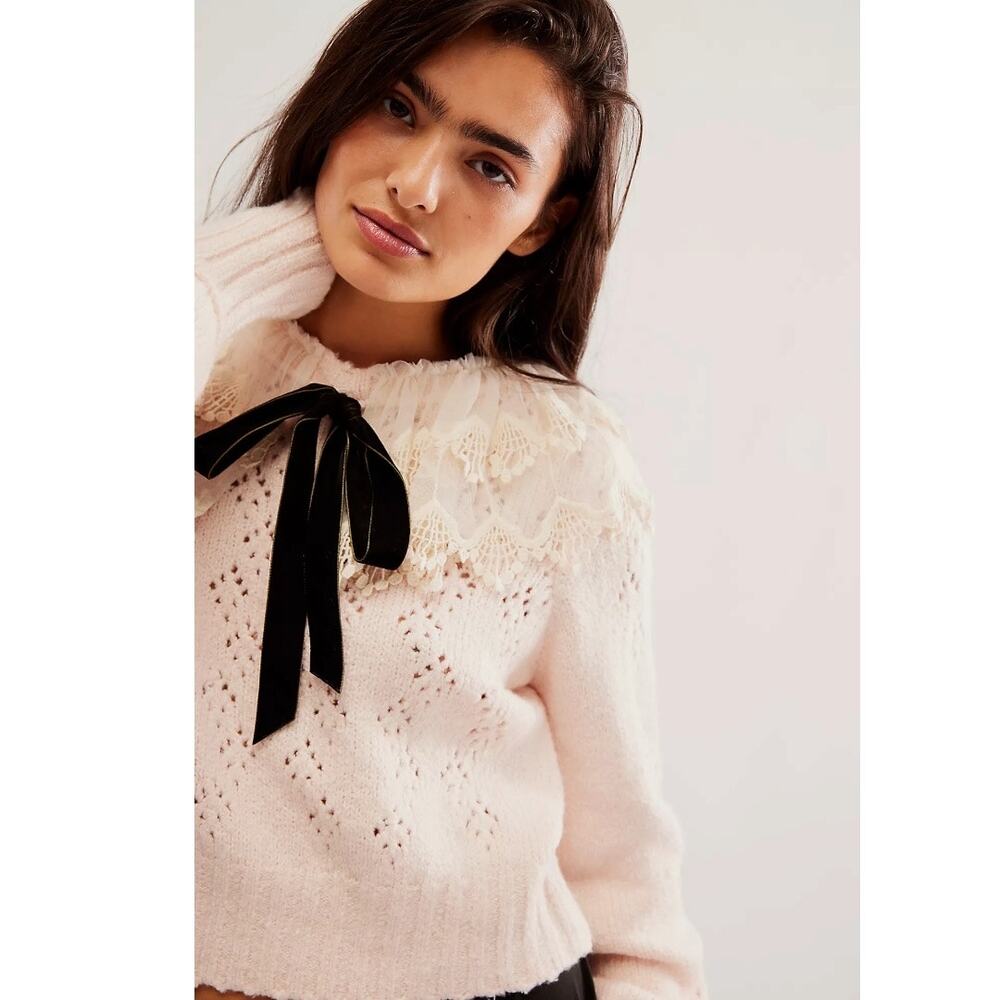 Free People XL Dainty Coquette Lace Collar Hold Me Closer Sweater - Picture 6 of 15
